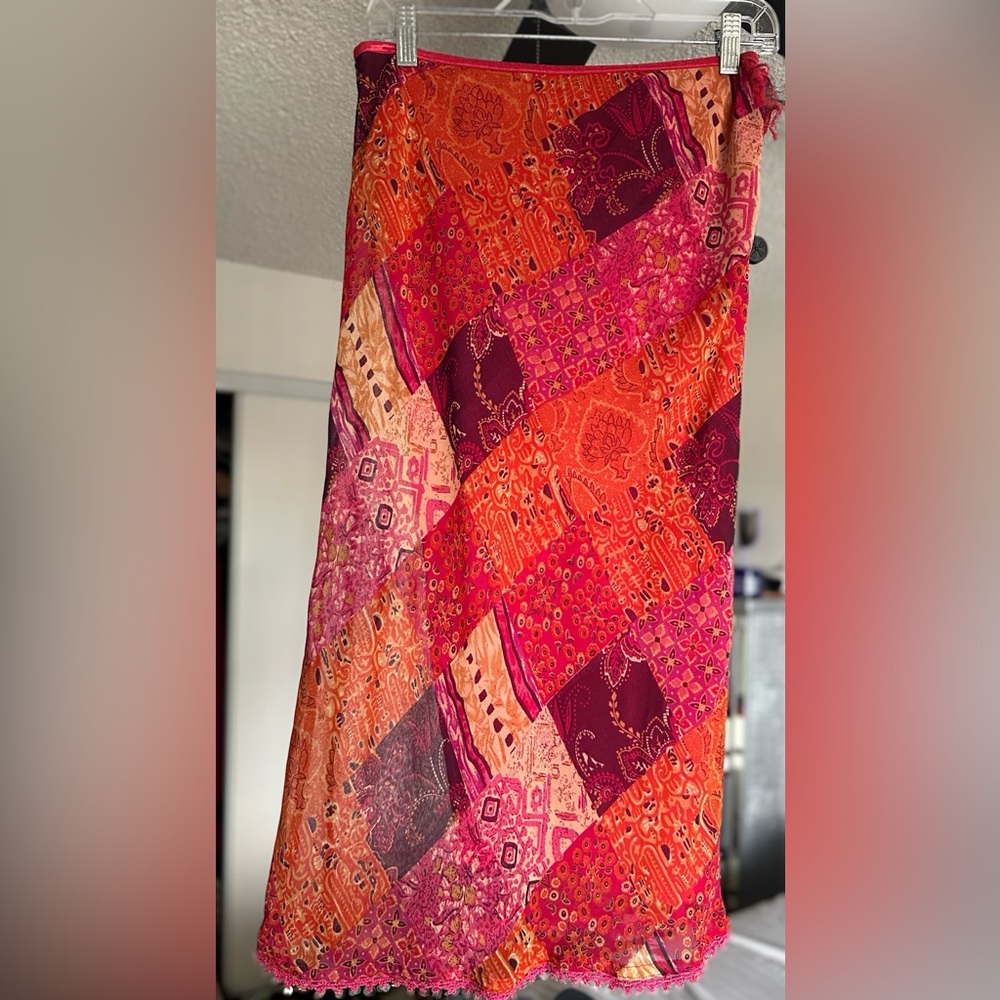 Charlotte Russe Pink Red and Orange midi boho patchwork skirt